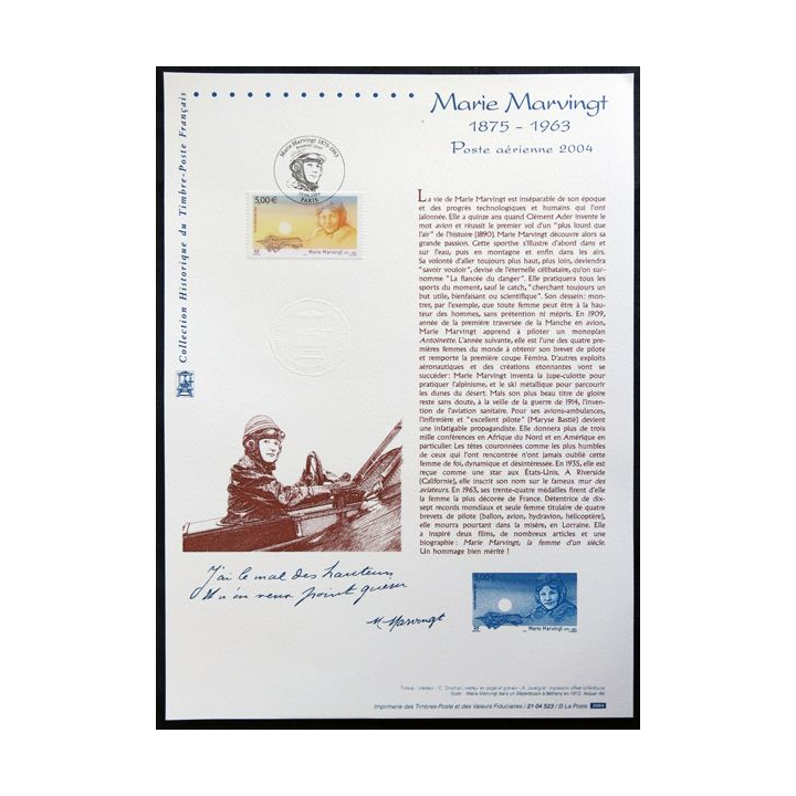 Document philatéliques officiels la Poste Marie Marvingt 1875-1963