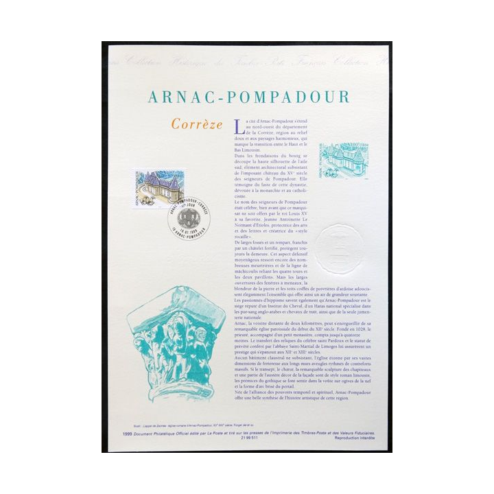 Document philatéliques officiels la Poste Arnac-Pompadour Corrèze
