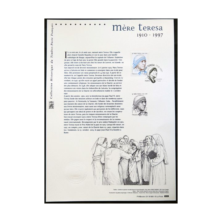 Documents philatéliques officiels la Poste Mère Térésa 1910-1997