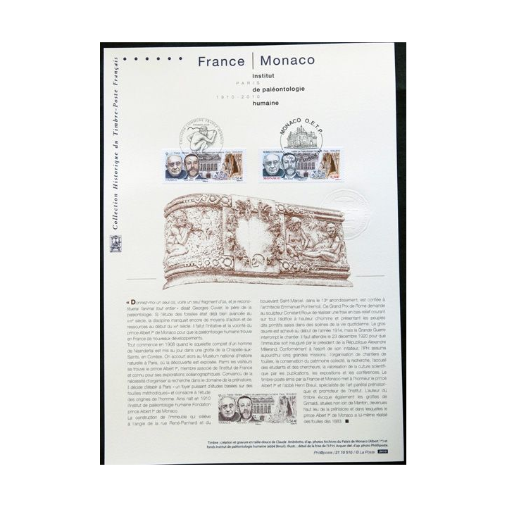 Documents philatéliques officiels la Poste France Monaco Institut de paléontologie humaine