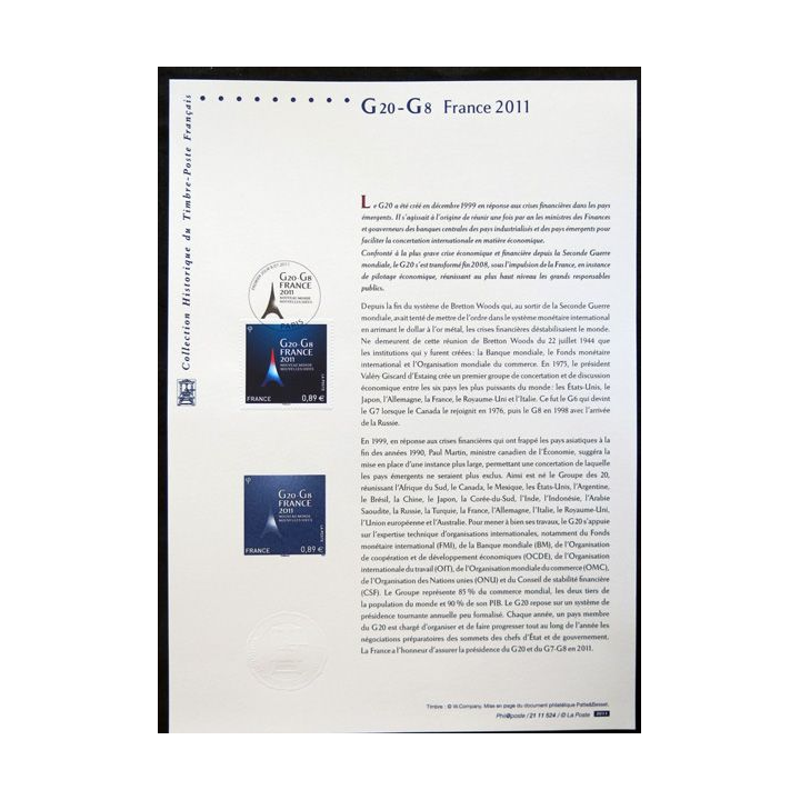 Documents philatéliques officiels la Poste G 20, G 8 France 2011