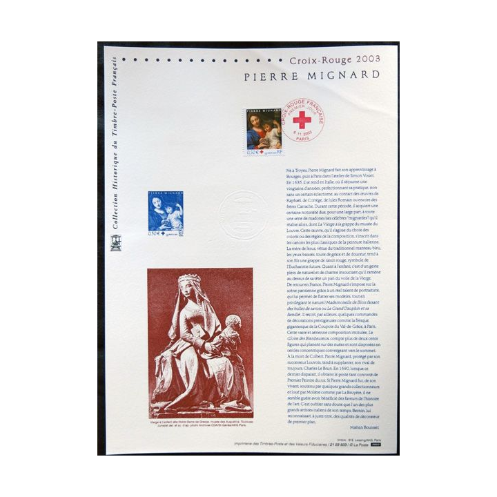 Documents philatéliques officiels la Poste Pierre Mignard Croix Rouge 2003