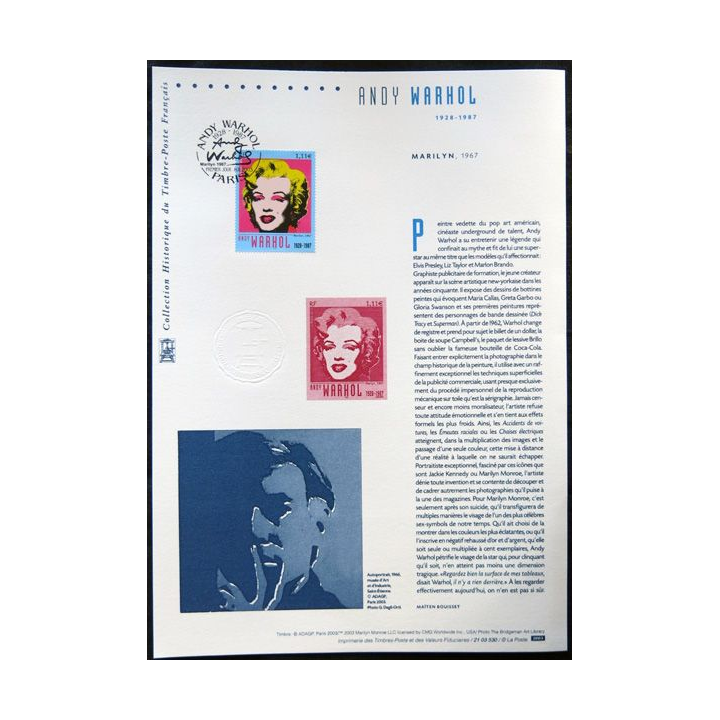 Documents philatéliques officiels la Poste Andy Warhol 1928-1987