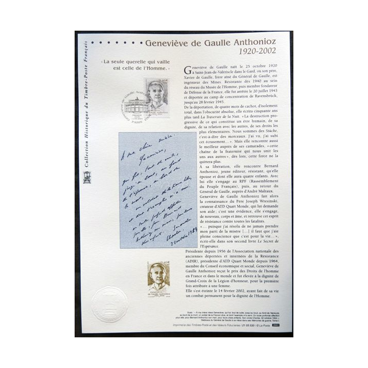 Documents philatéliques officiels la Poste : Geneviève de Gaulle Anthonioz 1920-2002