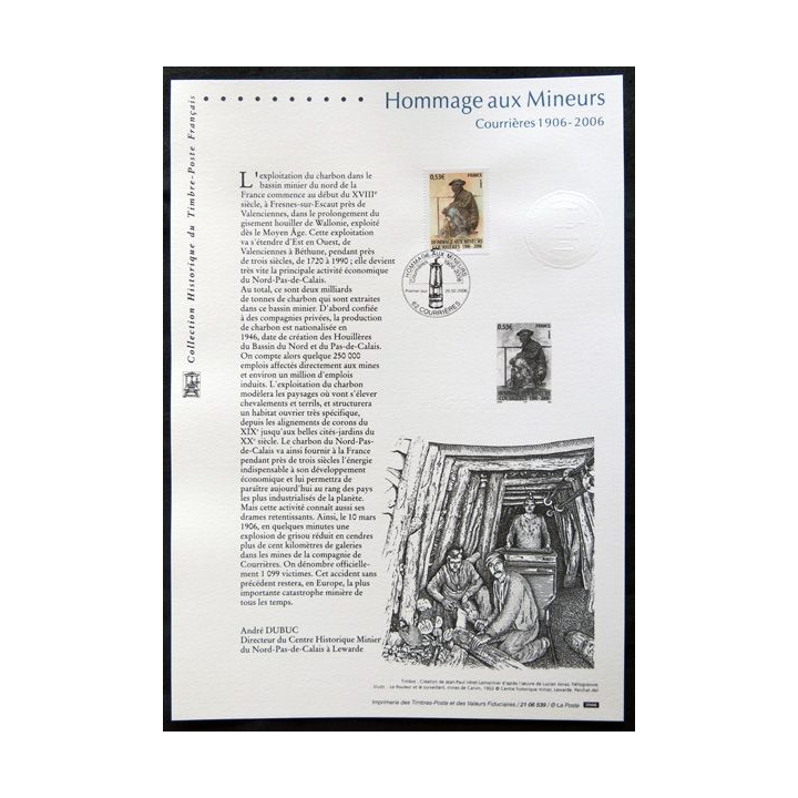 Documents philatéliques officiels la Poste : Hommage aux mineurs Courrières 1906-2006