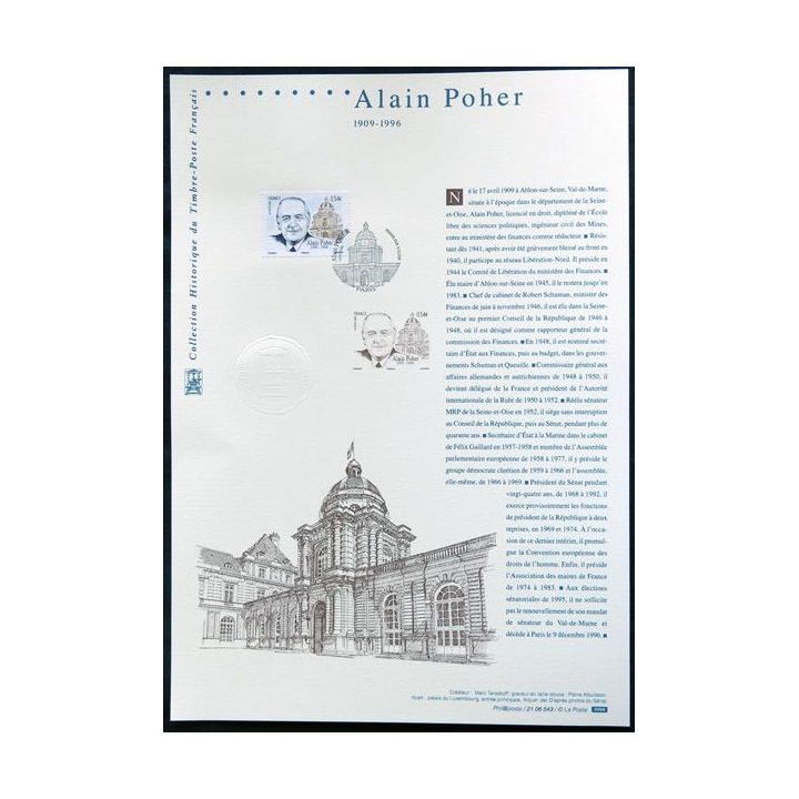 Documents philatéliques officiels la Poste : Alain Poher 1909-1996