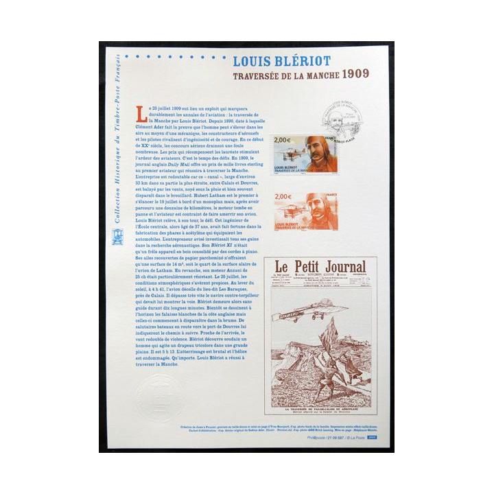 Documents philatéliques officiels la Poste : Louis Blériot traversée de la Manche 1909