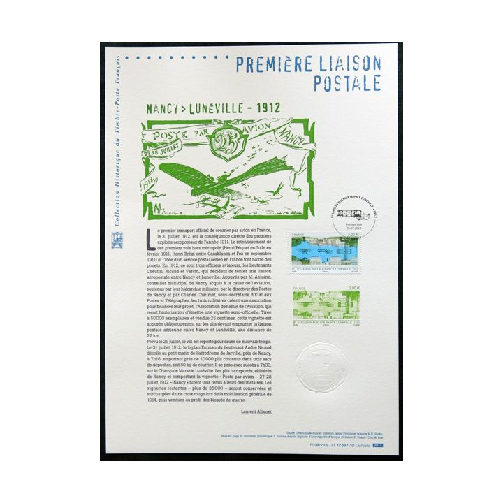 Documents philatéliques officiels la Poste : Première liaison postale Nancy-Lunéville 1912