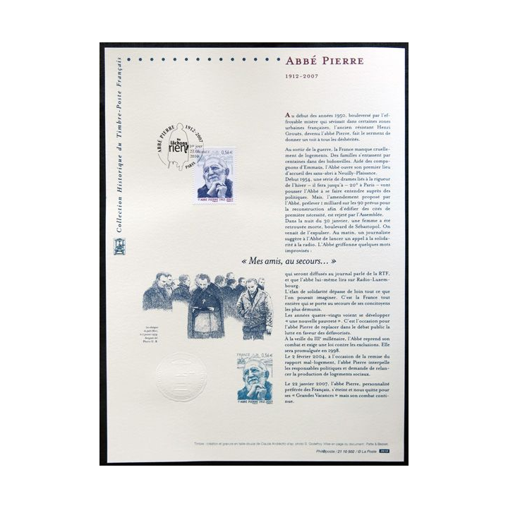 Documents philatéliques officiels la Poste : Abbé Pierre 1912-2007