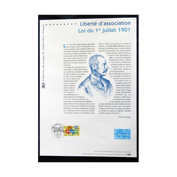 Documents philatéliques officiels la Poste : Liberté d'association, Loi du 1° juillet 1901
