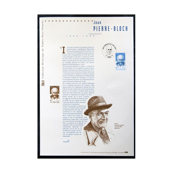 Documents philatéliques officiels la Poste : Jean Pierre-Bloch 1905-1999