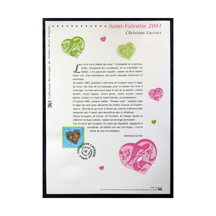 Documents philatéliques officiels la Poste : Saint Valentin 2001, Christian Lacroix