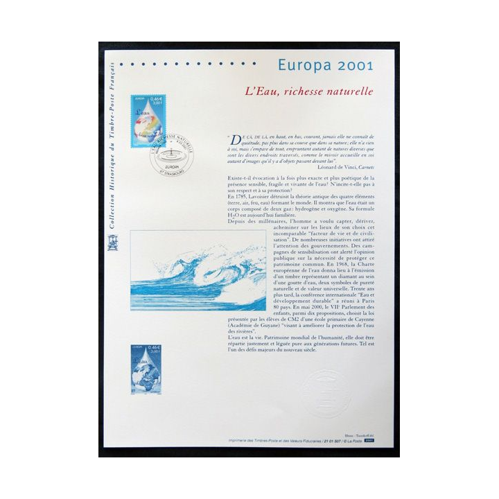 Documents philatéliques officiels la Poste : Europa 2001, l'eau richesse naturelle