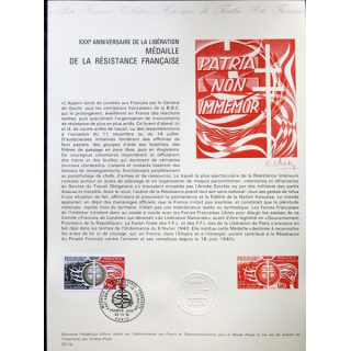 Documents philatéliques officiels la Poste : XXX° Anniversaire de la Libération, Médaille de la Résistance