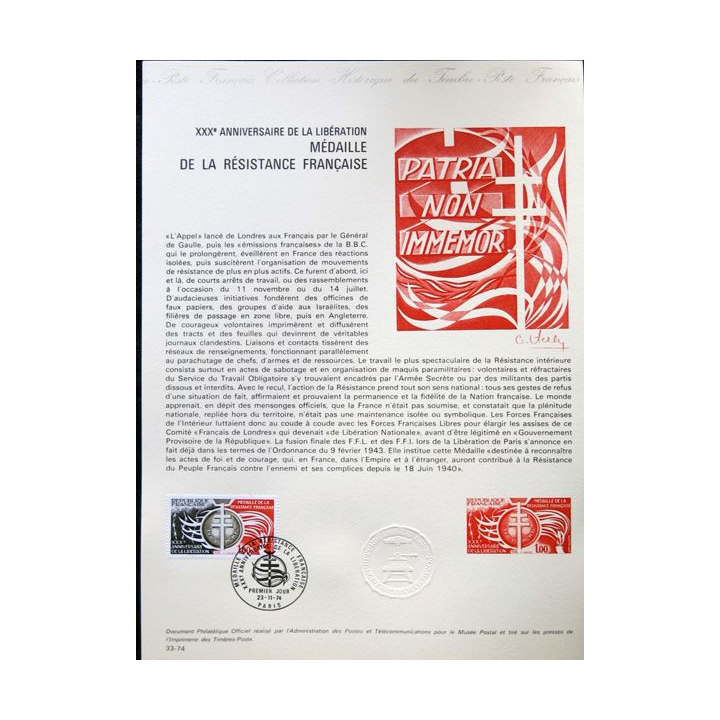 Documents philatéliques officiels la Poste : XXX° Anniversaire de la Libération, Médaille de la Résistance