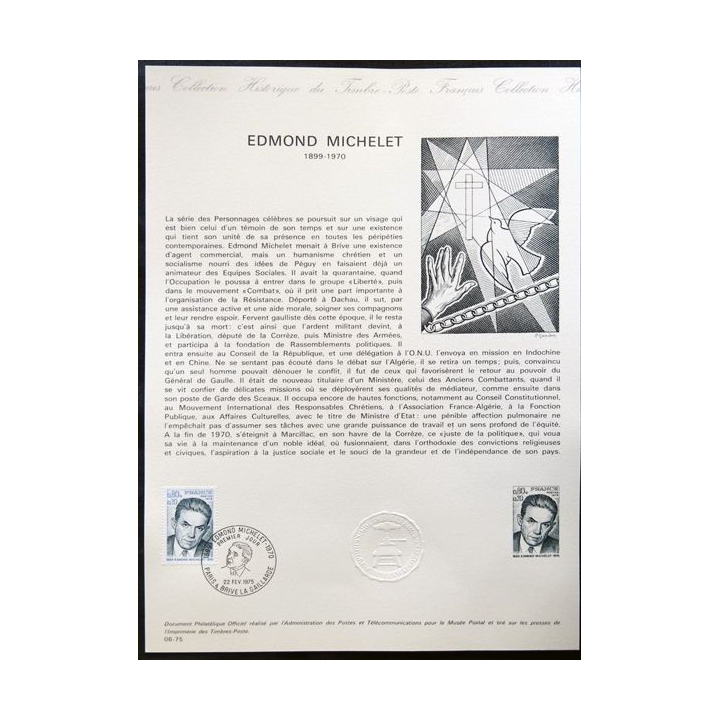 Documents philatéliques officiels la Poste : Edmond Michelet 1899-1970