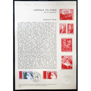 Documents philatéliques officiels la Poste : "Arphila 75" Paris Art et philatélie, Musique et danse
