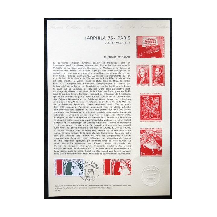 Documents philatéliques officiels la Poste : "Arphila 75" Paris Art et philatélie, Musique et danse