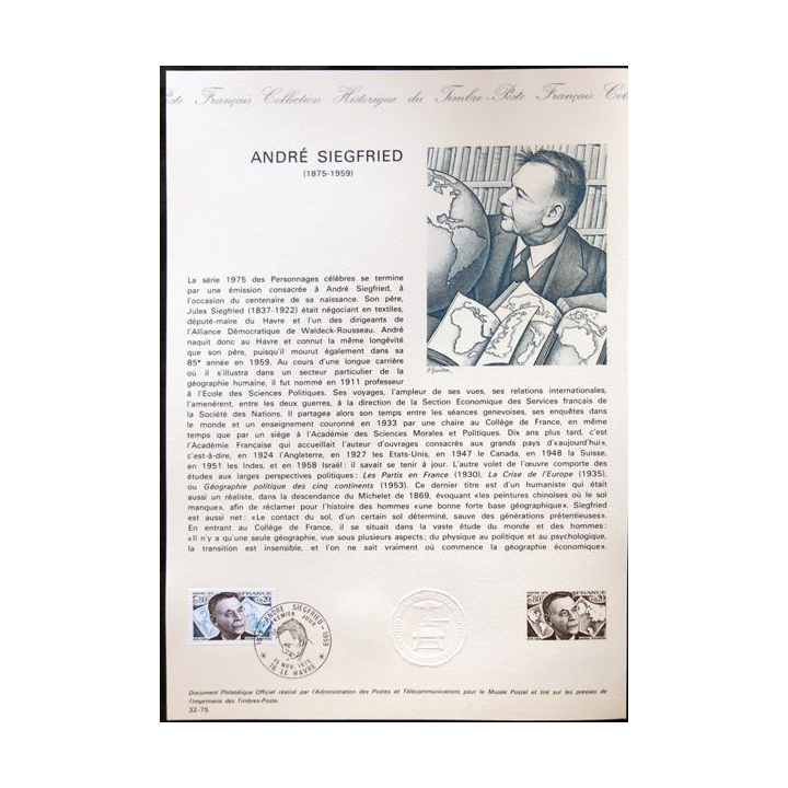 Documents philatéliques officiels la Poste : André Siegfried 1875-1959