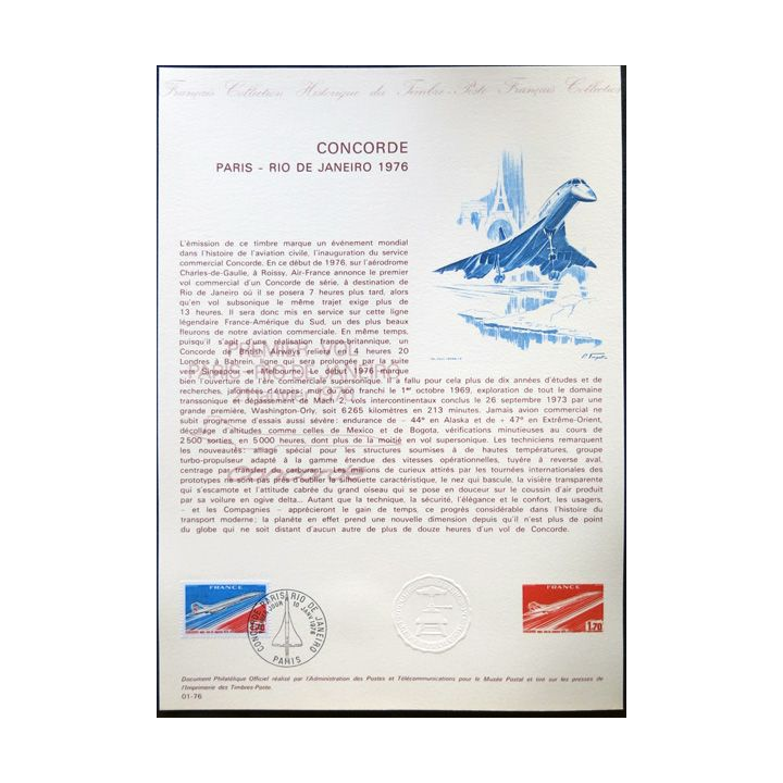 Documents philatéliques officiels la Poste : Concorde Paris-Rio de Janeiro 1976
