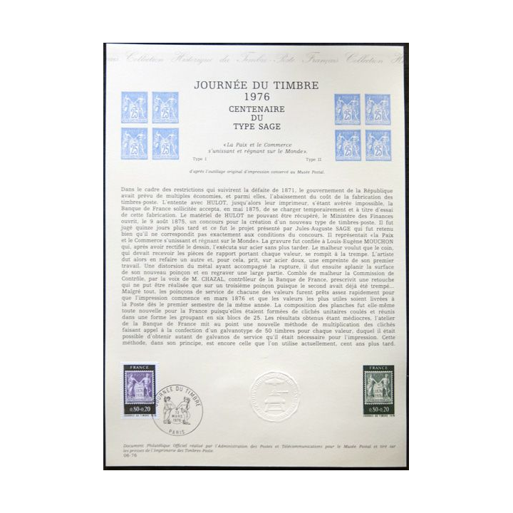 Documents philatéliques officiels la Poste : Journée du timbre 1976, centenaire du type sage