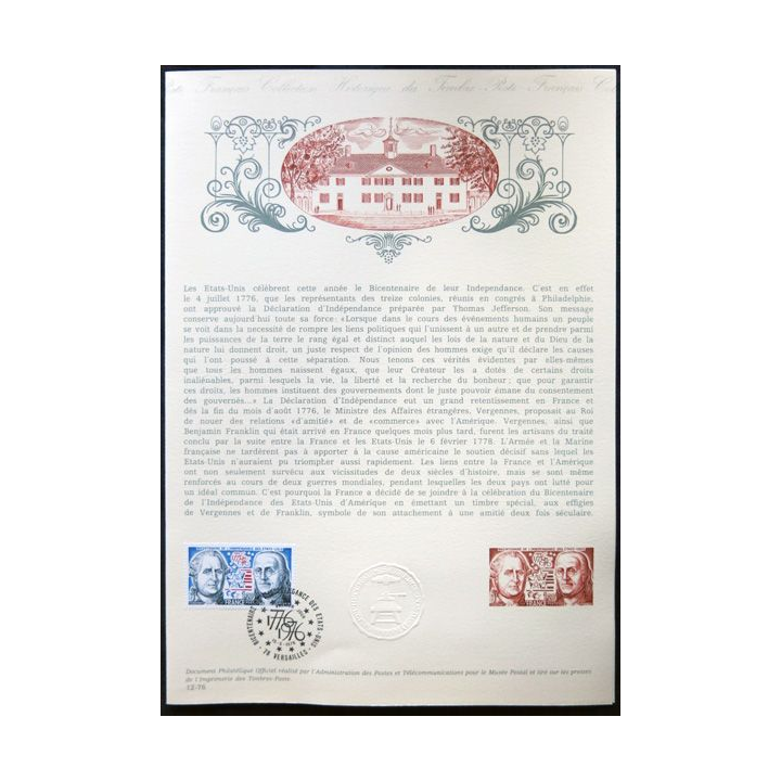 Documents philatéliques officiels la Poste : Bicentenaire de l'indépendance des Etats-Unis d'Amérique (double page)
