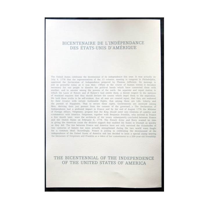 Documents philatéliques officiels la Poste : Bicentenaire de l'indépendance des Etats-Unis d'Amérique (double page)