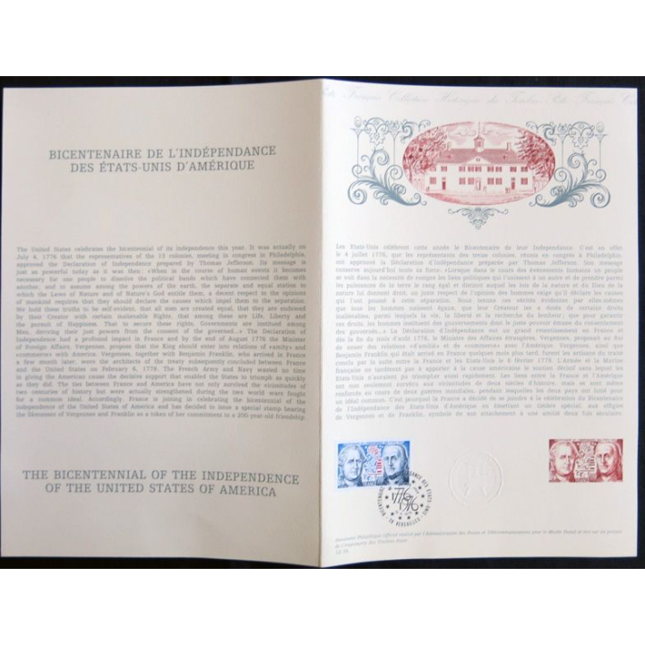 Documents philatéliques officiels la Poste : Bicentenaire de l'indépendance des Etats-Unis d'Amérique (double page)