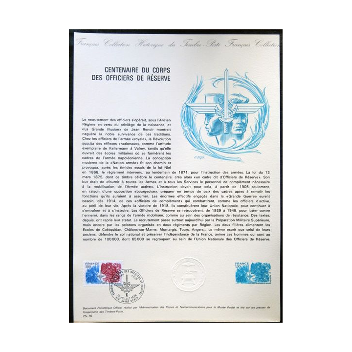 Documents philatéliques officiels la Poste : Centenaire du corps des officiers de Réserve