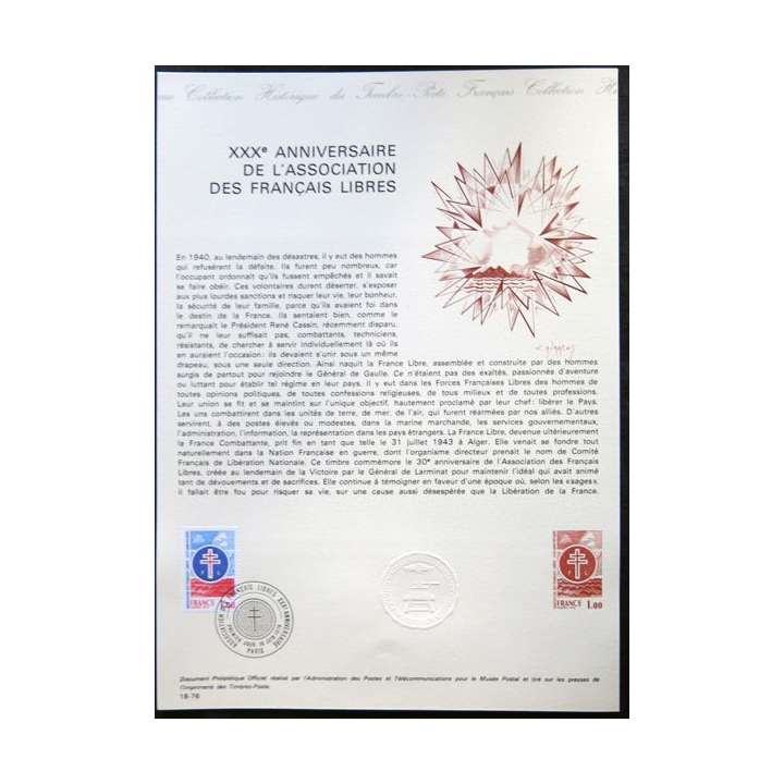 Documents philatéliques officiels la Poste : XXX° anniversaire de l'association des français libres