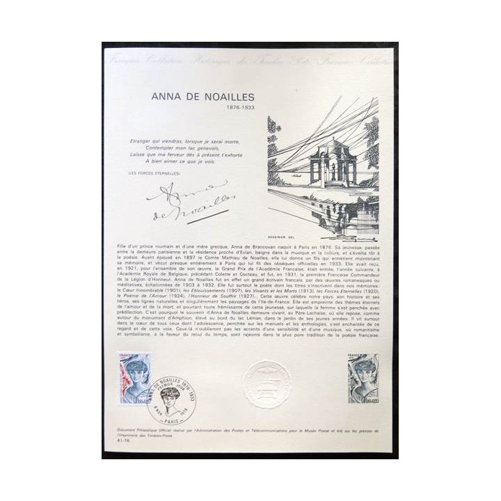 Documents philatéliques officiels la Poste : Anna de Noailles 1876-1933