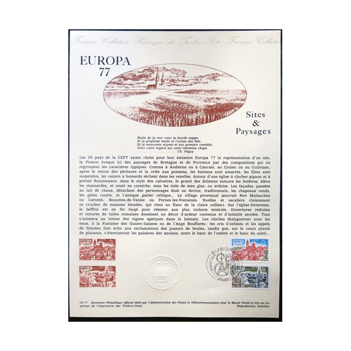 Documents philatéliques officiels la Poste : Europa 77, Sites & Paysages