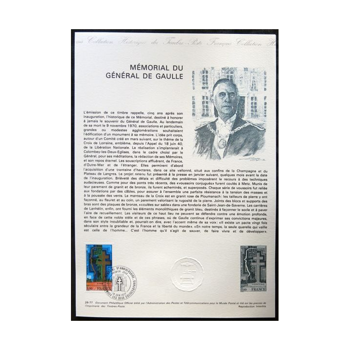 Documents philatéliques officiels la Poste : mémorial du Général de Gaulle