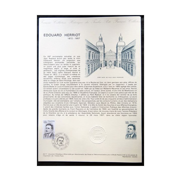 Documents philatéliques officiels la Poste : Edouard Herriot 1872-1957