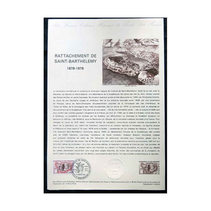 Documents philatéliques officiels la Poste : Rattachement de Saint-Barthelemy 1878-1978