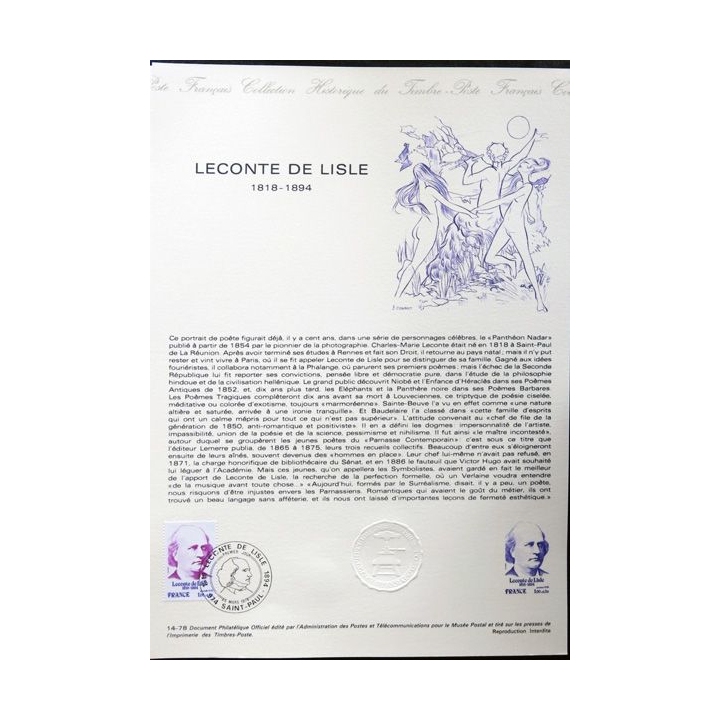 Documents philatéliques officiels la Poste : Leconte de Lisle 1818-1894