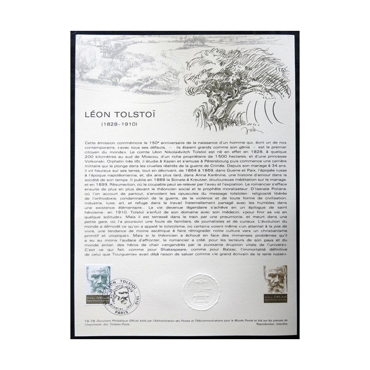 Documents philatéliques officiels la Poste : Léon Tolstoï 1828-1910