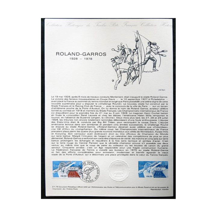 Documents philatéliques officiels la Poste : Roland-Garros 1928-1978