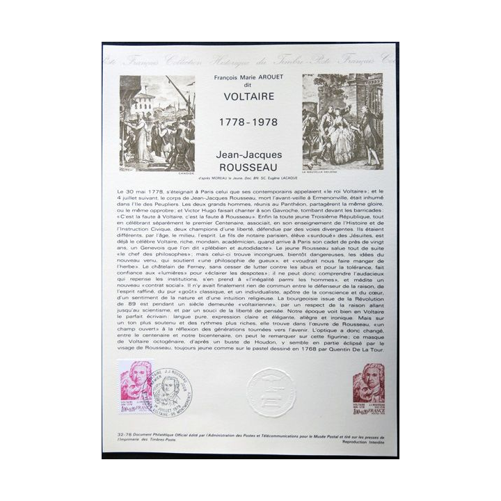 Documents philatéliques officiels la Poste : Voltaire 1778-1978, Jean-Jacques Rousseau