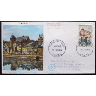 Enveloppe premier jour : Laval - Bord de la Mayenne 24/02/1962