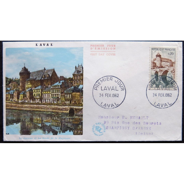 Enveloppe premier jour : Laval - Bord de la Mayenne 24/02/1962