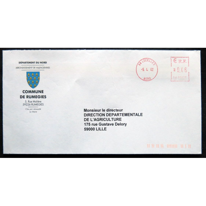 Enveloppe souvenir : Blason de la commune de Rumegies 05/04/2002