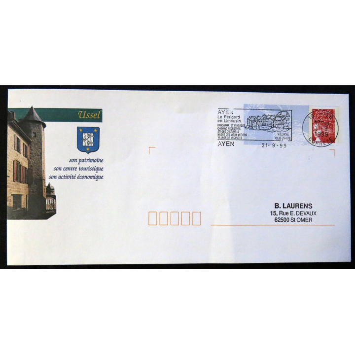 Enveloppe souvenir : Ussel, Blason obliteration Ayen 21/09/1999
