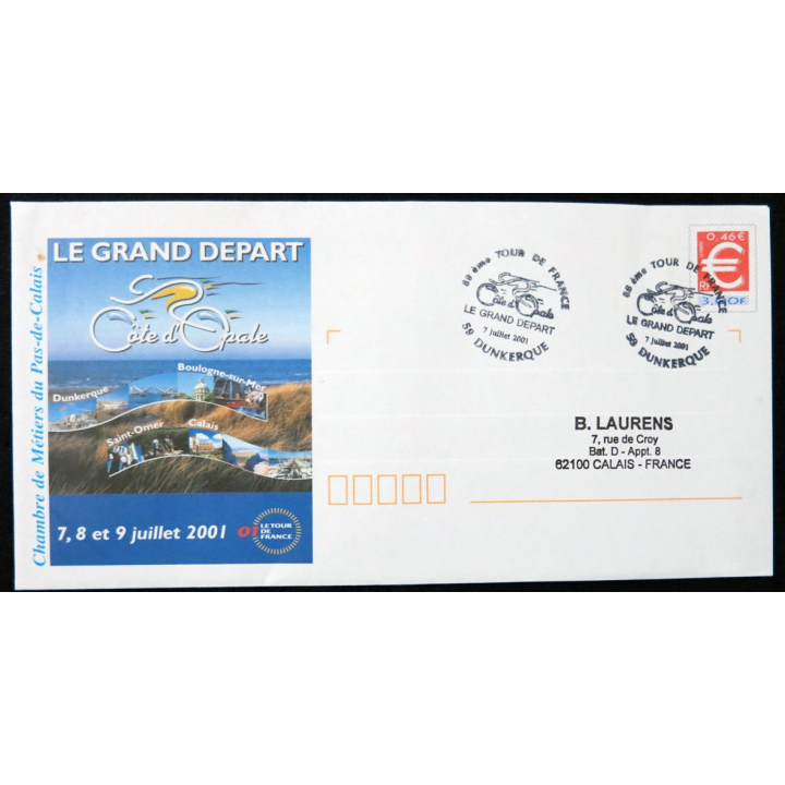 Enveloppe souvenir : 88° Tour de France, Cote d'Opale, le grand départ  07/07/2001