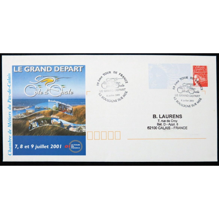 Enveloppe souvenir : 88° Tour de France, Cote d'Opale, le grand départ  07/07/2001