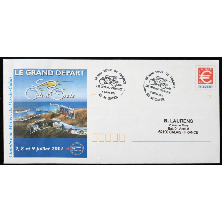 Enveloppe souvenir : 88° Tour de France, Cote d'Opale, le grand départ  07/07/2001