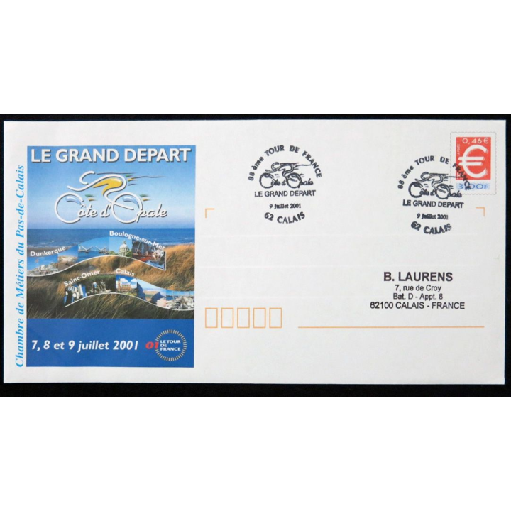 Enveloppe souvenir : 88° Tour de France, Cote d'Opale, le grand départ  07/07/2001