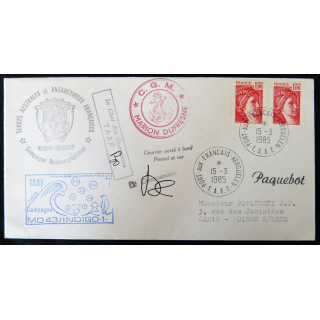 Enveloppe souvenir : Postée sur le Marion Dufresne Campagne océanographique TAAF dédicace 15/03/85