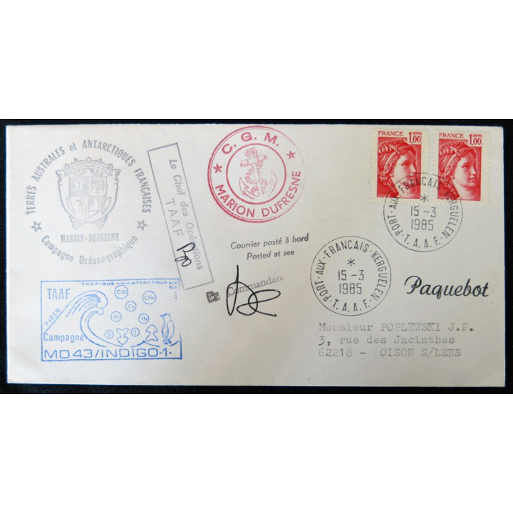 Enveloppe souvenir : Postée sur le Marion Dufresne Campagne océanographique TAAF dédicace 15/03/85