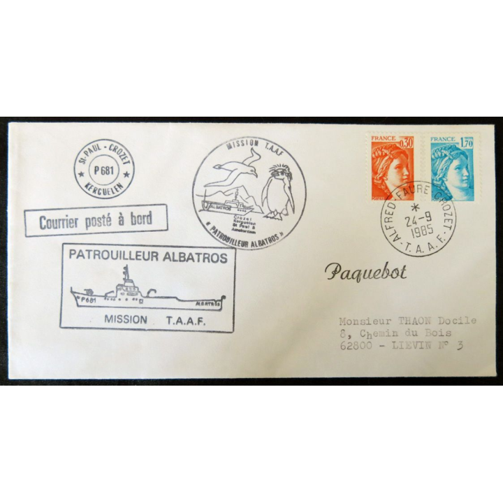 Enveloppe souvenir : Postée sur le Patrouilleur Albatros mission TAAF Kerguelen 24/09/1985
